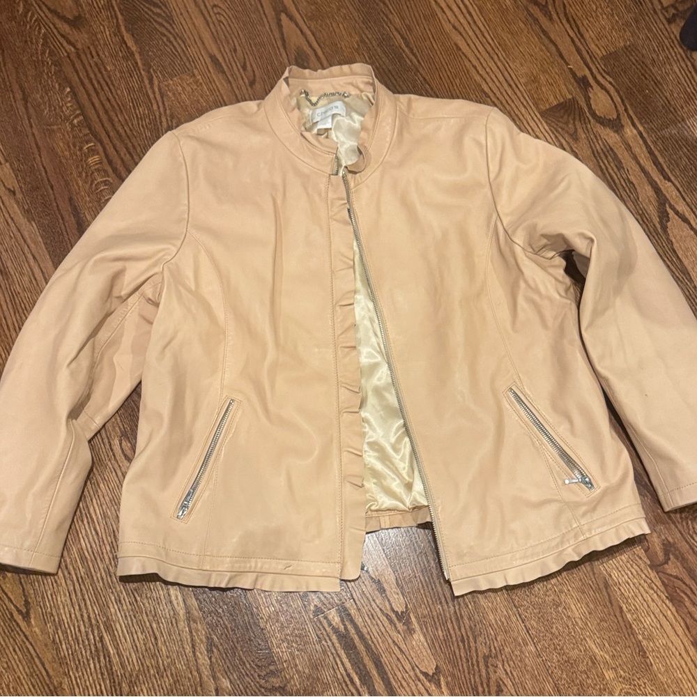 Chico’s Ruffled Trim Leather Jacket in Tan/Blush Size 3 or XL
